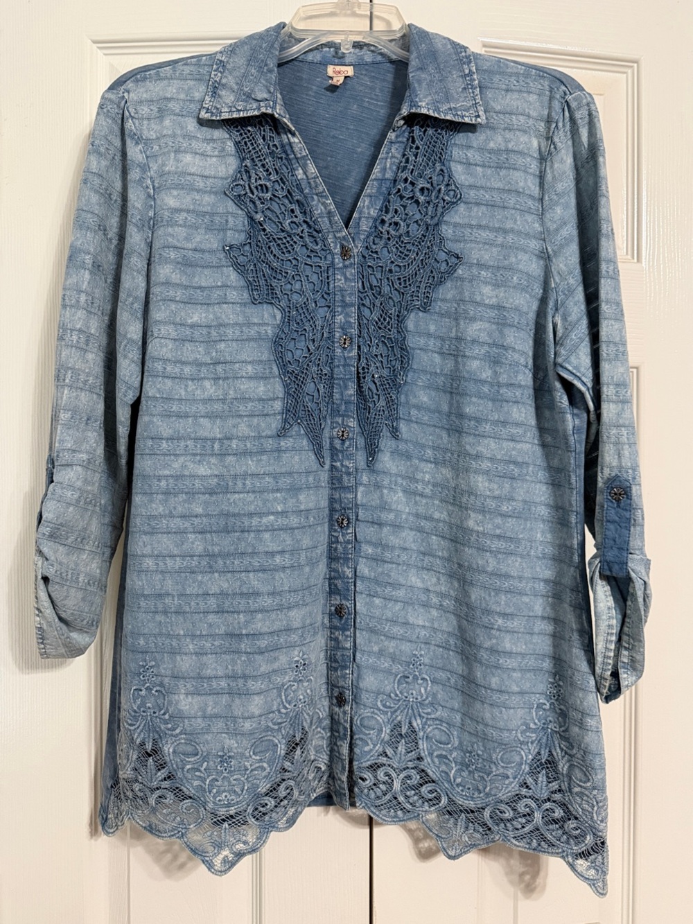 Reba Blouse Size Medium Light Blue Crochet-Trim Button Down